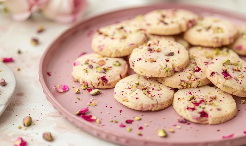 Rose and pistachio cookies with rose glaze on a pastel pink plate AI generated