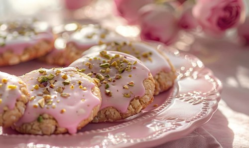 Rose and pistachio cookies with rose glaze on a pastel pink plate AI generated