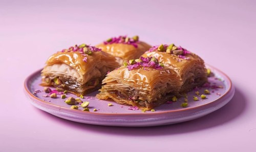 Rose and pistachio baklava on a pastel purple plate AI generated