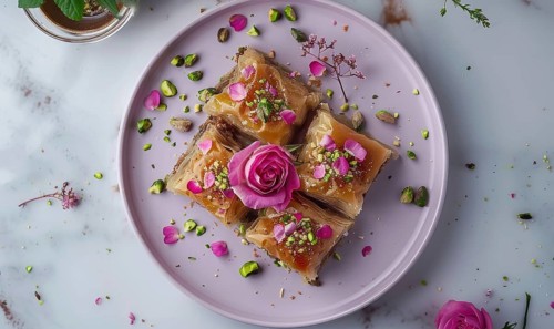 Rose and pistachio baklava on a pastel purple plate AI generated