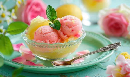 Rose and lemon sorbet in a glass bowl on a pastel green plate AI generated