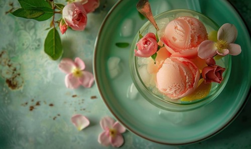 Rose and lemon sorbet in a glass bowl on a pastel green plate AI generated