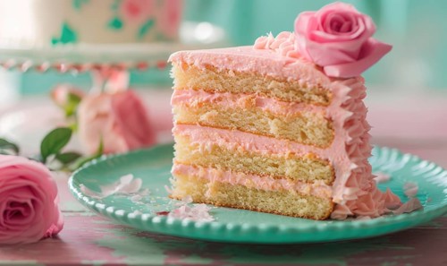 Rose and lemon cake with rose frosting on a pastel green plate AI generated