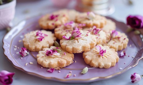 Rose and cardamom shortbread cookies on a pastel purple plate AI generated