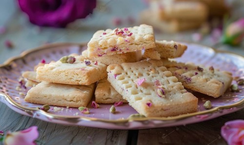 Rose and cardamom shortbread cookies on a pastel purple plate AI generated