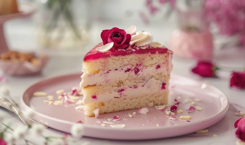 Rose and almond cake with rose glaze on a pastel pink plate AI generated