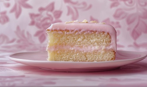 Rose and almond cake with rose glaze on a pastel pink plate AI generated