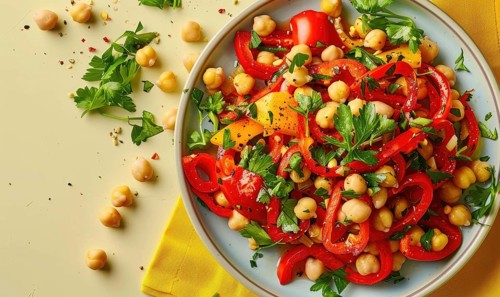 Roasted red pepper and chickpea salad on a light yellow background AI generated
