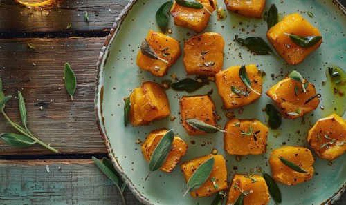 Roasted butternut squash bites with sage on a pastel green plate AI generated