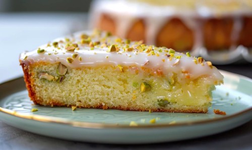 Pistachio yogurt cake with pistachio glaze on a pastel green plate AI generated