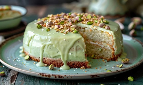 Pistachio yogurt cake with pistachio glaze on a pastel green plate AI generated