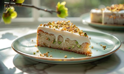Pistachio yogurt cake with pistachio glaze on a pastel green plate AI generated