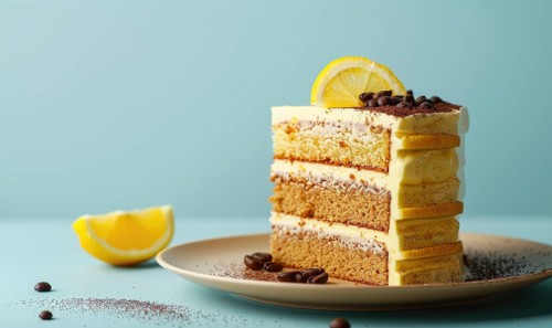 Lemon and coffee mousse cake with layers on a light blue background AI generated