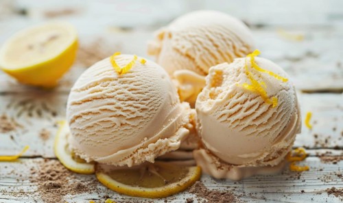 Lemon and coffee ice cream with lemon zest on a light wooden background AI generated