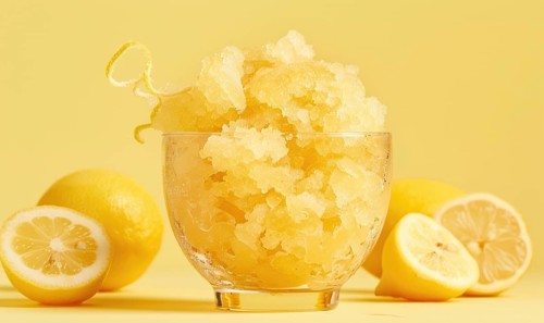 Lemon and coffee granita with lemon zest on a light yellow background AI generated