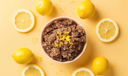 Lemon and coffee granita with lemon zest on a light yellow background AI generated