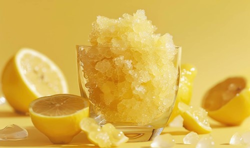 Lemon and coffee granita with lemon zest on a light yellow background AI generated