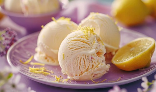 Lemon and coffee gelato with lemon zest on a pastel purple plate AI generated