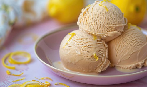 Lemon and coffee gelato with lemon zest on a pastel purple plate AI generated