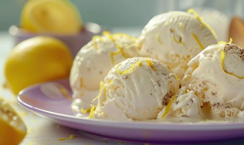 Lemon and coffee gelato with lemon zest on a pastel purple plate AI generated