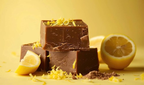 Lemon and coffee fudge with lemon zest on a light yellow background AI generated