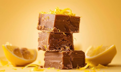 Lemon and coffee fudge with lemon zest on a light yellow background AI generated