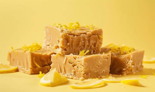 Lemon and coffee fudge with lemon zest on a light yellow background AI generated