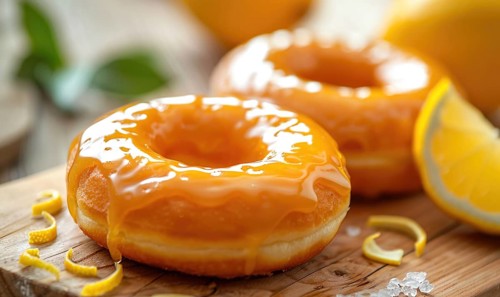 Lemon and coffee donuts with glaze on a light wooden background AI generated