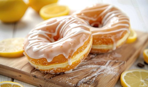 Lemon and coffee donuts with glaze on a light wooden background AI generated