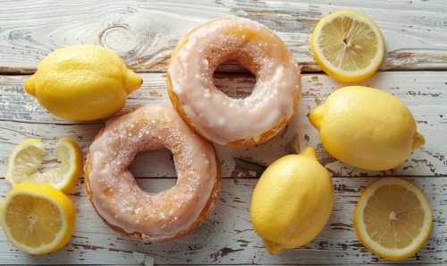 Lemon and coffee donuts with glaze on a light wooden background AI generated