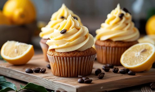 Lemon and coffee cupcakes with coffee beans on a light wooden background AI generated