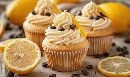 Lemon and coffee cupcakes with coffee beans on a light wooden background AI generated