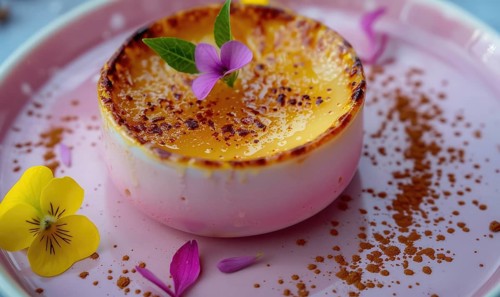 Lemon and coffee creme brulee with caramelized top on a pastel pink plate AI generated