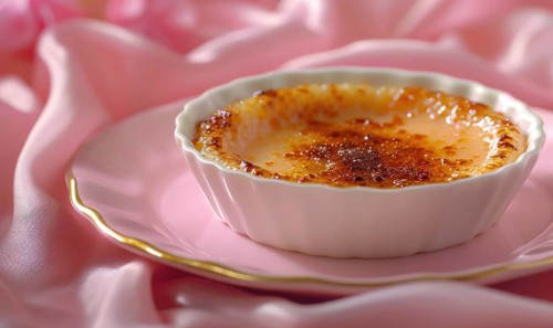 Lemon and coffee creme brulee with caramelized top on a pastel pink plate AI generated