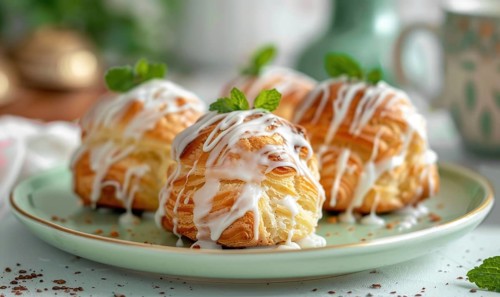 Lemon and coffee cream puffs with glaze on a pastel green plate AI generated