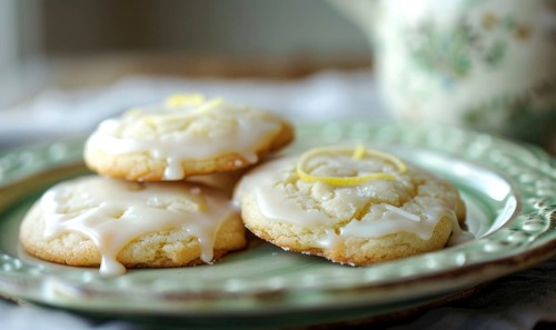 Lemon and coffee cookies with lemon glaze on a pastel green plate AI generated