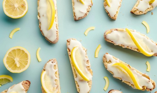 Lemon and almond biscotti with lemon glaze on a light blue background AI generated