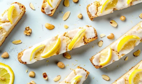 Lemon and almond biscotti with lemon glaze on a light blue background AI generated