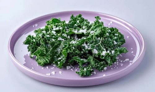 Kale chips with sea salt on a pastel purple plate AI generated