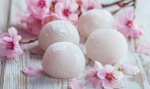 Japanese sakura mochi on a light wooden background AI generated