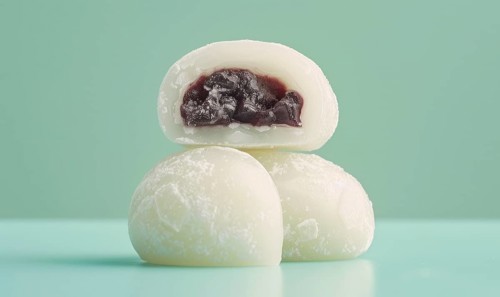 Japanese mochi with sweet red bean paste on a light green background AI generated