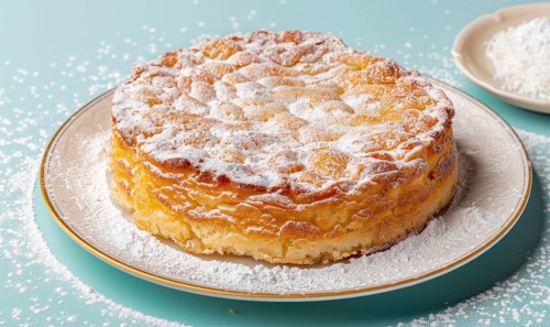 Italian torta di riso on a light blue background, rich AI generated