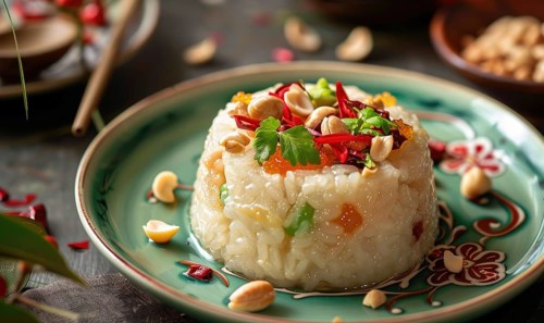 Chinese eight-treasure rice pudding on a pastel green plate AI generated