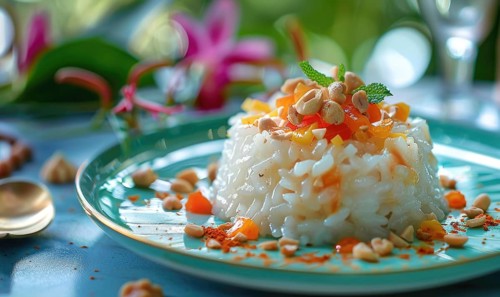 Chinese eight-treasure rice pudding on a pastel green plate AI generated
