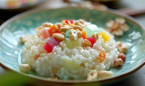 Chinese eight-treasure rice pudding on a pastel green plate AI generated