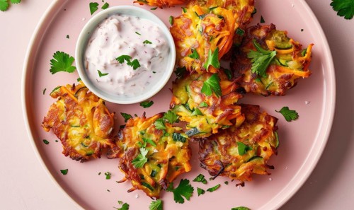 Carrot and zucchini fritters with yogurt dip on a pastel pink plate AI generated