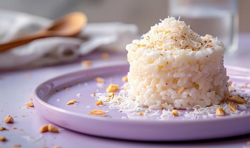 Brazilian arroz doce with coconut milk on a pastel purple plate AI generated