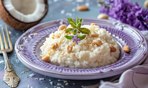 Brazilian arroz doce with coconut milk on a pastel purple plate AI generated