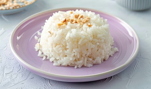 Brazilian arroz doce with coconut milk on a pastel purple plate AI generated