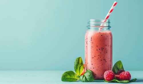 Berry and spinach smoothie in a glass jar on a light blue background AI generated